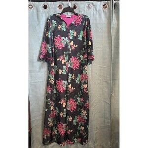 Shadowline Floral Duster Robe Dress Sz S Black Pink Green Pockets Zip Lounge USA